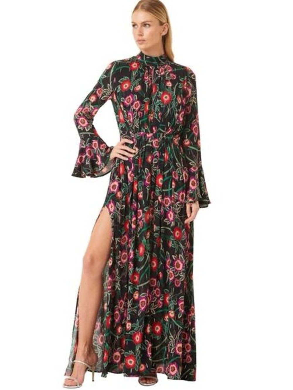 Misa Los Angeles Black Floral Maxi Dress with Pink & Red Blooms